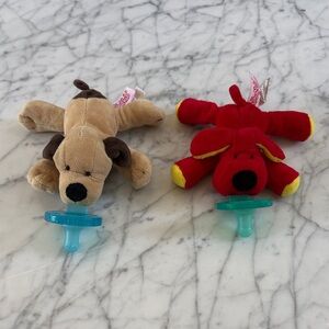 Wubba Nub Plush Dog Pacifier Holder Bundle- Red Dog Brown Puppy